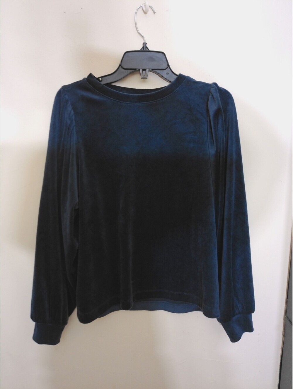 LOFT Womens Velvet Pullover Sweatshirt M Blue Puff Sleeve Y2K Inspired